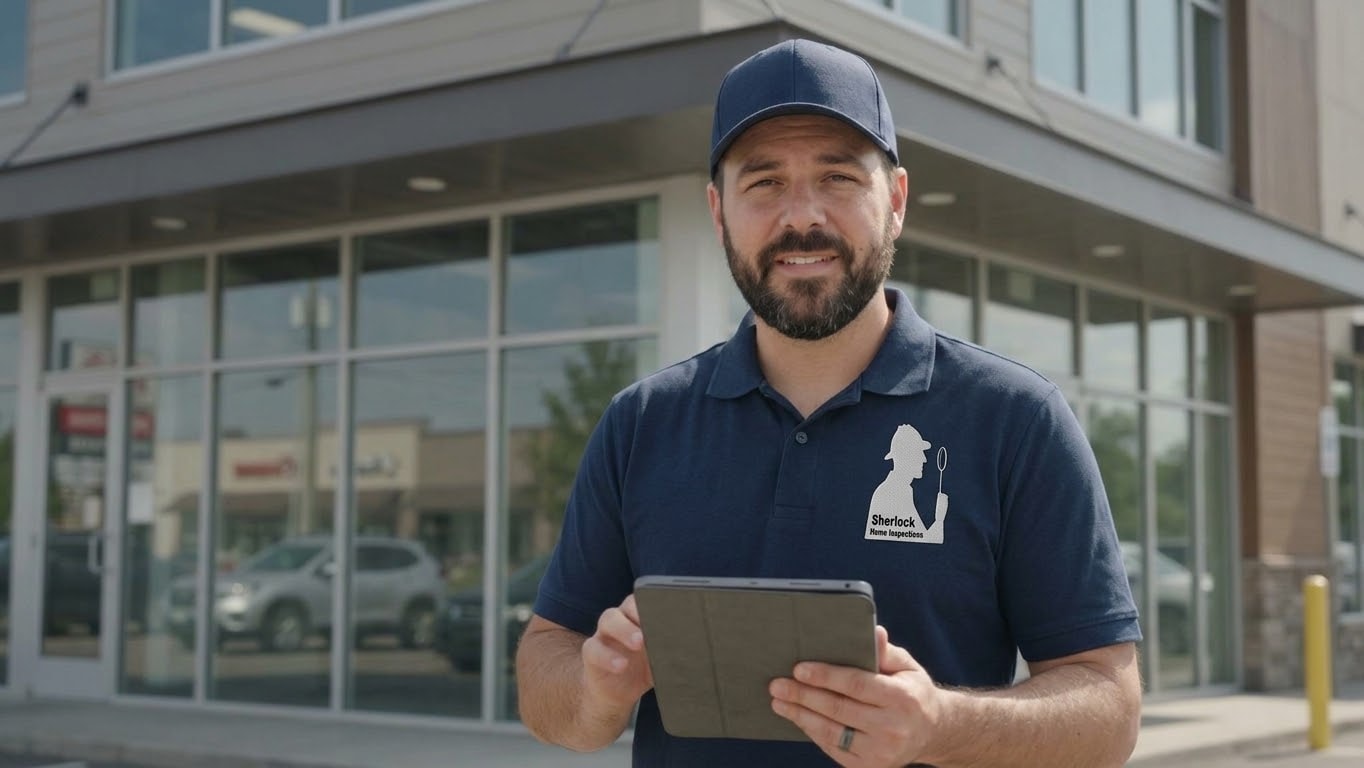 Sherlock Home Inspections commercial property inspector with tablet outside commercial building