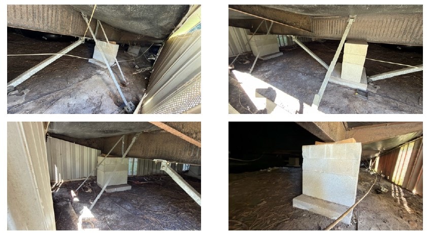Mobile home foundation inspection — tie-downs, anchors, and block piers under a manufactured home