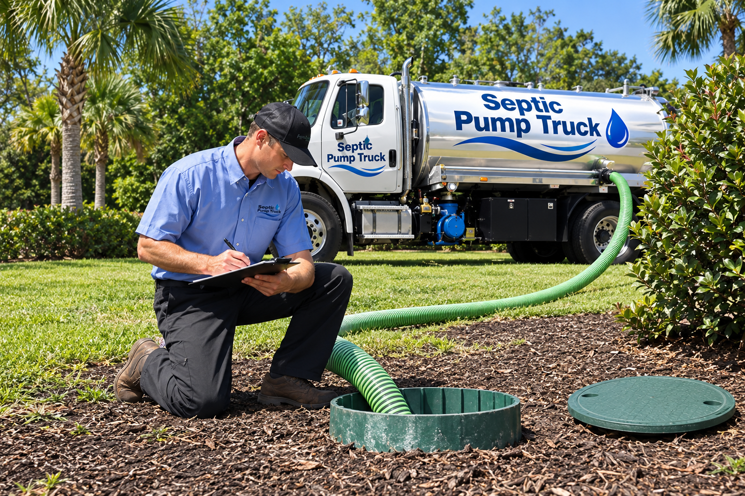 Septic pump truck technician inspecting and pumping a septic tank in a Florida yard