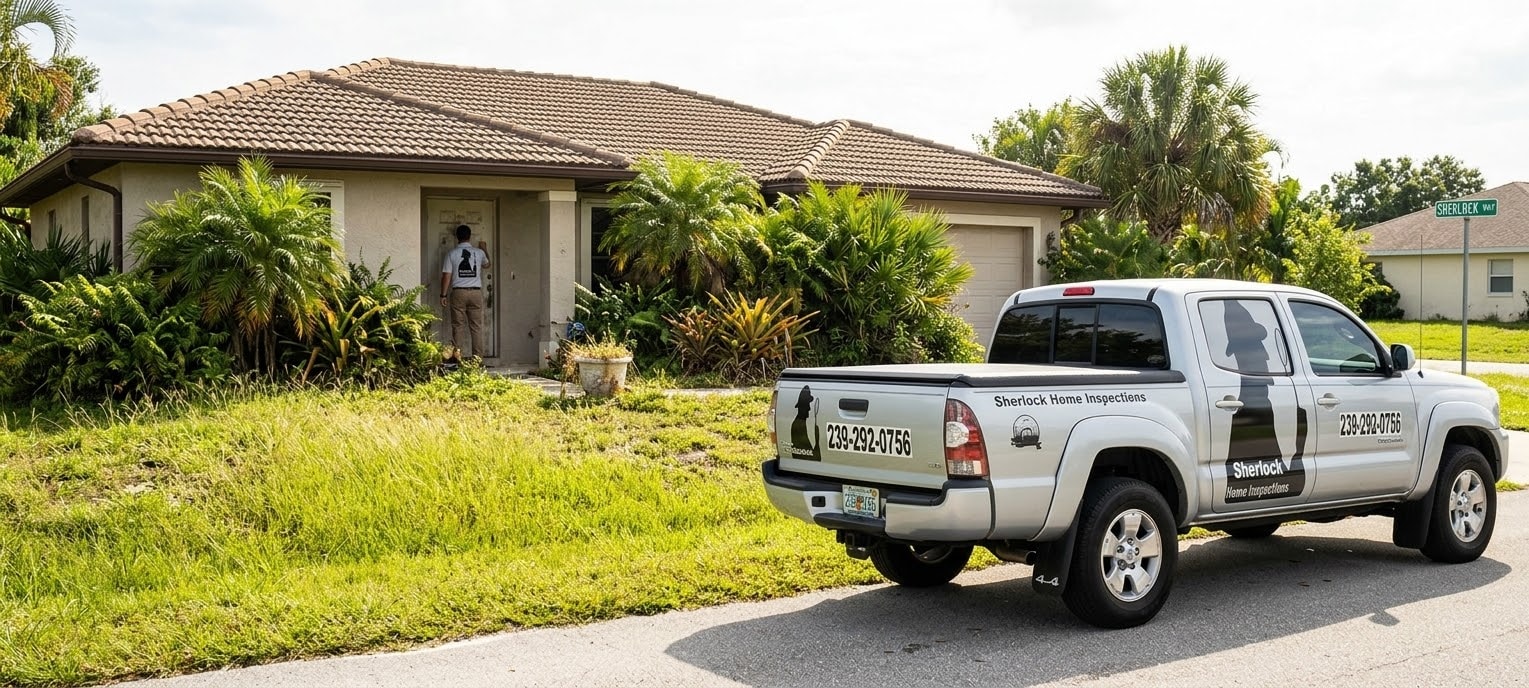 Sherlock Home Inspections inspector arriving at Florida home with branded service truck